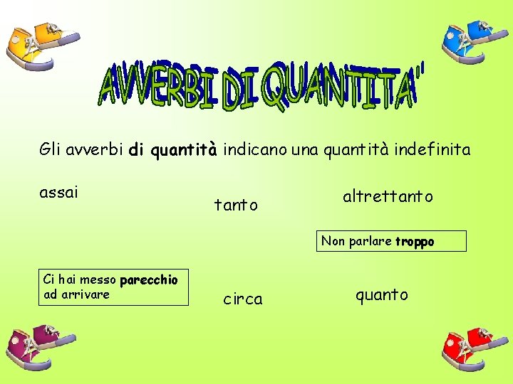 Gli avverbi di quantità indicano una quantità indefinita assai tanto altrettanto Non parlare troppo