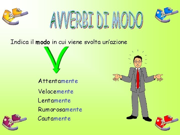 Indica il modo in cui viene svolta un’azione Attentamente Velocemente Lentamente Rumorosamente Cautamente 