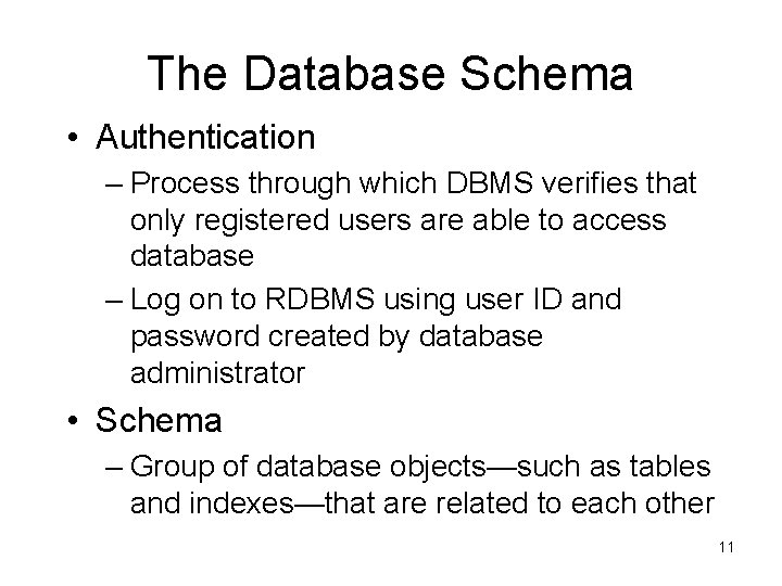 The Database Schema • Authentication – Process through which DBMS verifies that only registered The Database Schema • Authentication – Process through which DBMS verifies that only registered