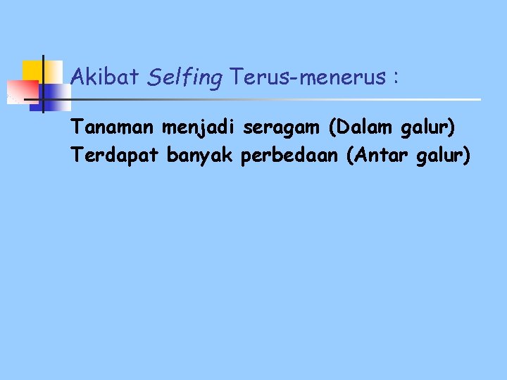 Akibat Selfing Terus-menerus : Tanaman menjadi seragam (Dalam galur) Terdapat banyak perbedaan (Antar galur)