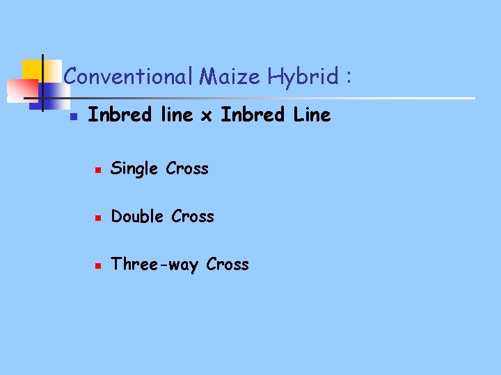 Conventional Maize Hybrid : n Inbred line x Inbred Line n Single Cross n