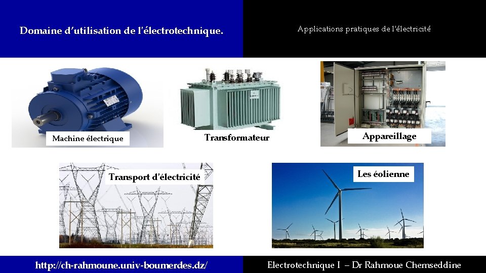 Applications pratiques de l'électricité Domaine d’utilisation de l'électrotechnique. Machine électrique Transformateur Transport d'électricité http: