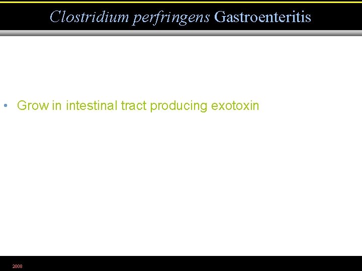 Clostridium perfringens Gastroenteritis • Grow in intestinal tract producing exotoxin 2008 