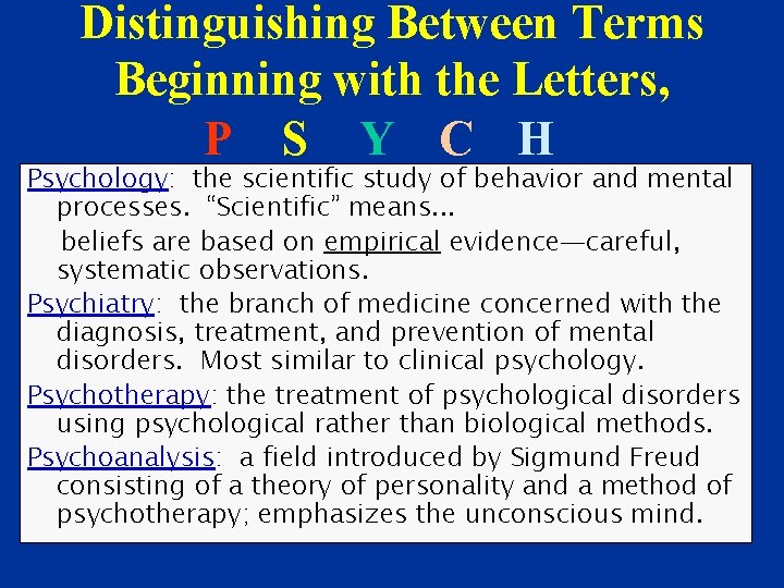Distinguishing Between Terms Beginning with the Letters, P S Y C H Psychology: the