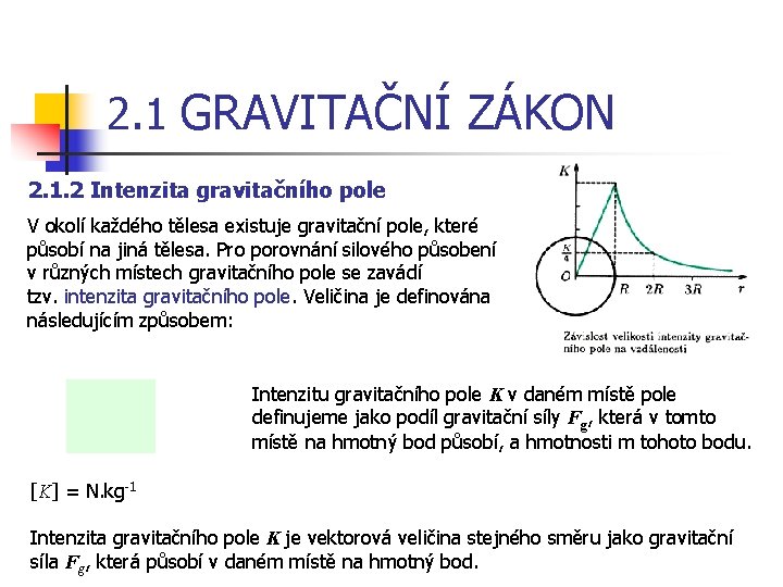 2. 1 GRAVITAČNÍ ZÁKON 2. 1. 2 Intenzita gravitačního pole V okolí každého tělesa