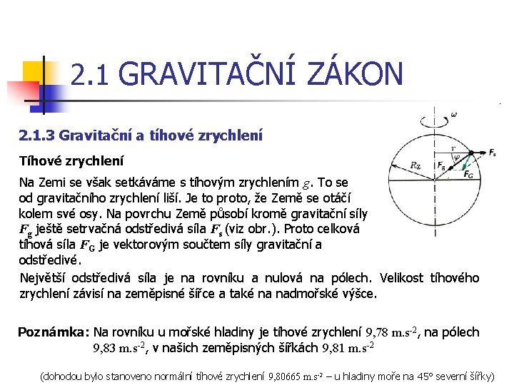 2. 1 GRAVITAČNÍ ZÁKON 2. 1. 3 Gravitační a tíhové zrychlení Tíhové zrychlení Na