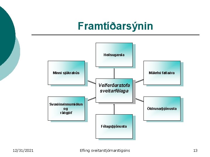 Framtíðarsýnin Heilsugæsla Minni sjúkrahús Málefni fatlaðra Velferðarstofa sveitarfélaga Svæðisvinnumiðlun og ráðgjöf Öldrunarþjónusta Félagsþjónusta 12/31/2021