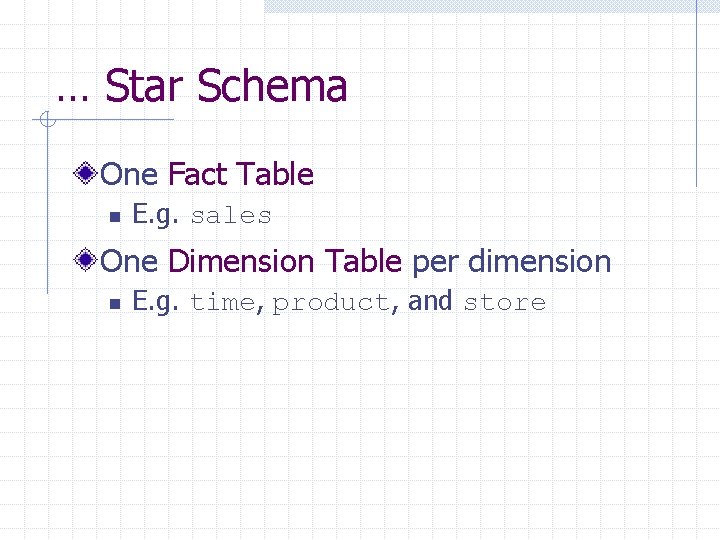 … Star Schema One Fact Table n E. g. sales One Dimension Table per … Star Schema One Fact Table n E. g. sales One Dimension Table per