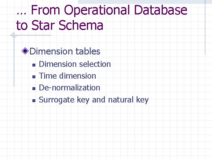 … From Operational Database to Star Schema Dimension tables n n Dimension selection Time … From Operational Database to Star Schema Dimension tables n n Dimension selection Time