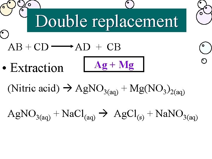 Double replacement AB + CD • Extraction AD + CB Ag + Mg (Nitric