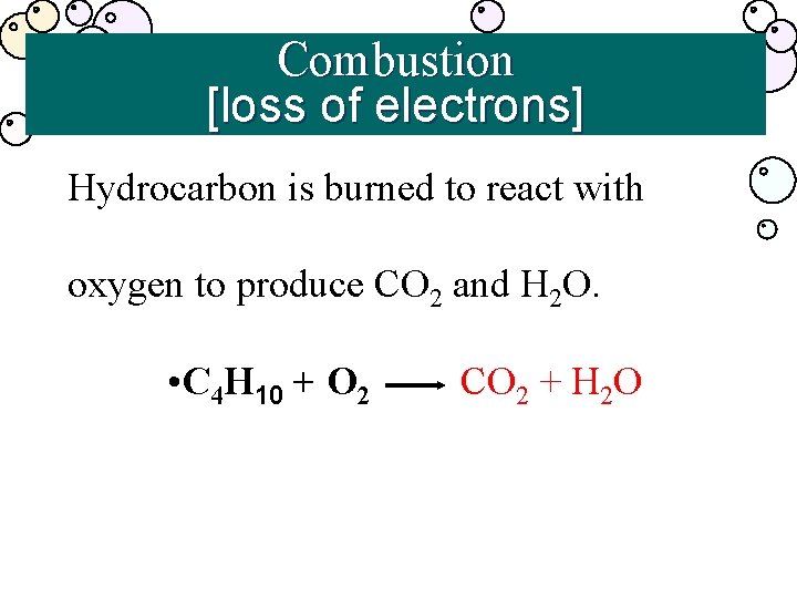 Combustion [loss of electrons] Hydrocarbon is burned to react with oxygen to produce CO