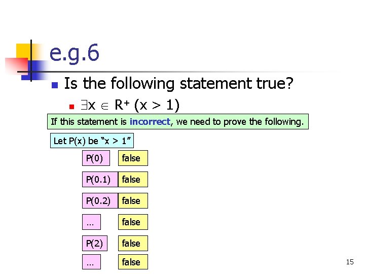 e. g. 6 n Is the following statement true? n x R+ (x >
