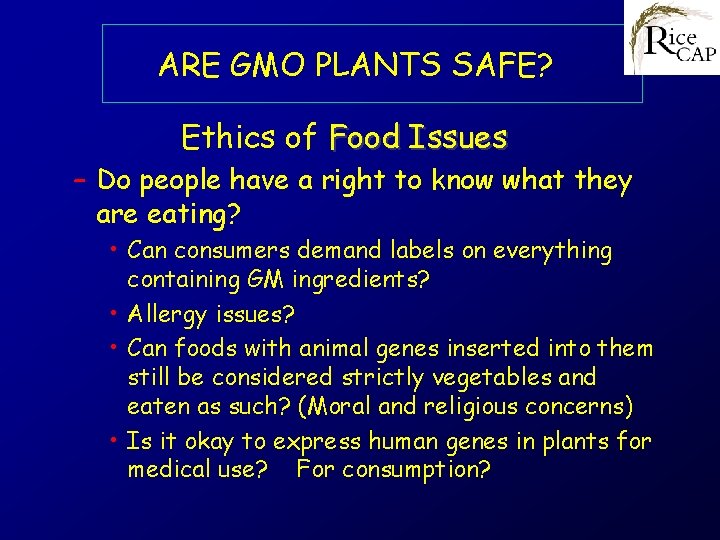 ARE GMO PLANTS SAFE? Ethics of Food Issues – Do people have a right