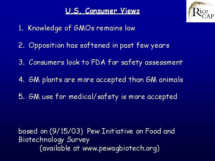 U. S. Consumer Views 1. Knowledge of GMOs remains low 2. Opposition has softened