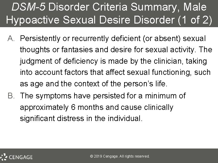 DSM-5 Disorder Criteria Summary, Male Hypoactive Sexual Desire Disorder (1 of 2) A. Persistently