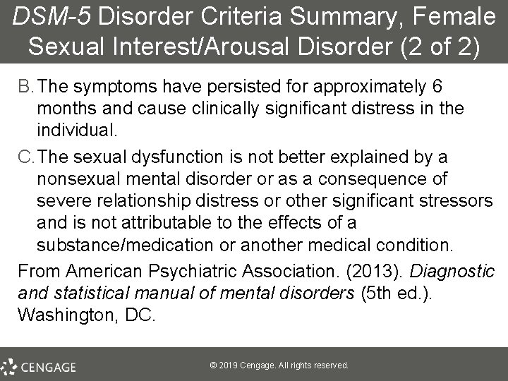 DSM-5 Disorder Criteria Summary, Female Sexual Interest/Arousal Disorder (2 of 2) B. The symptoms