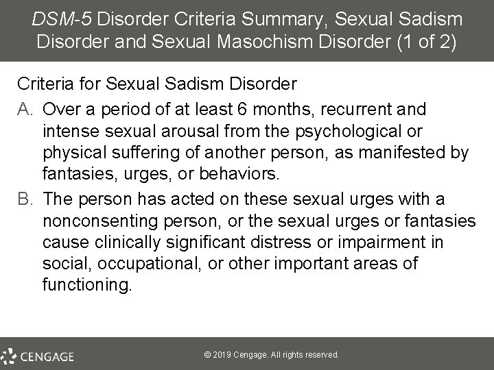 DSM-5 Disorder Criteria Summary, Sexual Sadism Disorder and Sexual Masochism Disorder (1 of 2)