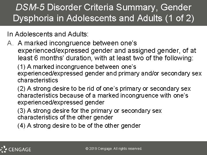 DSM-5 Disorder Criteria Summary, Gender Dysphoria in Adolescents and Adults (1 of 2) In