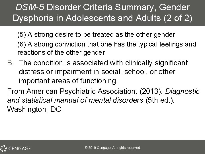 DSM-5 Disorder Criteria Summary, Gender Dysphoria in Adolescents and Adults (2 of 2) (5)