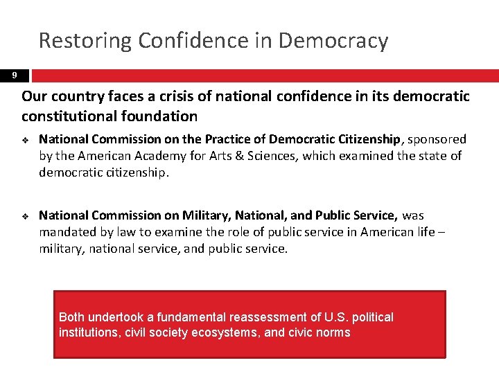 Restoring Confidence in Democracy 9 Our country faces a crisis of national confidence in