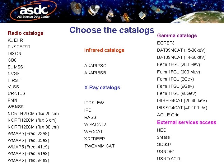 Radio catalogs Choose the catalogs KUEHR PKSCAT 90 DIXON Gamma catalogs EGRET 3 Infrared