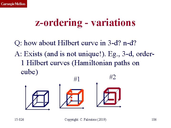 z-ordering - variations Q: how about Hilbert curve in 3 -d? n-d? A: Exists