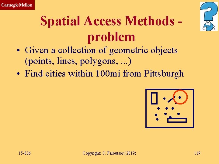 Spatial Access Methods problem • Given a collection of geometric objects (points, lines, polygons,