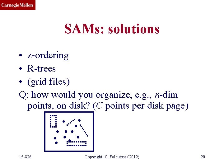 SAMs: solutions • z-ordering • R-trees • (grid files) Q: how would you organize,