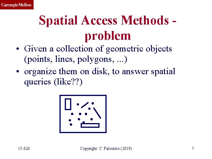 Spatial Access Methods problem • Given a collection of geometric objects (points, lines, polygons,