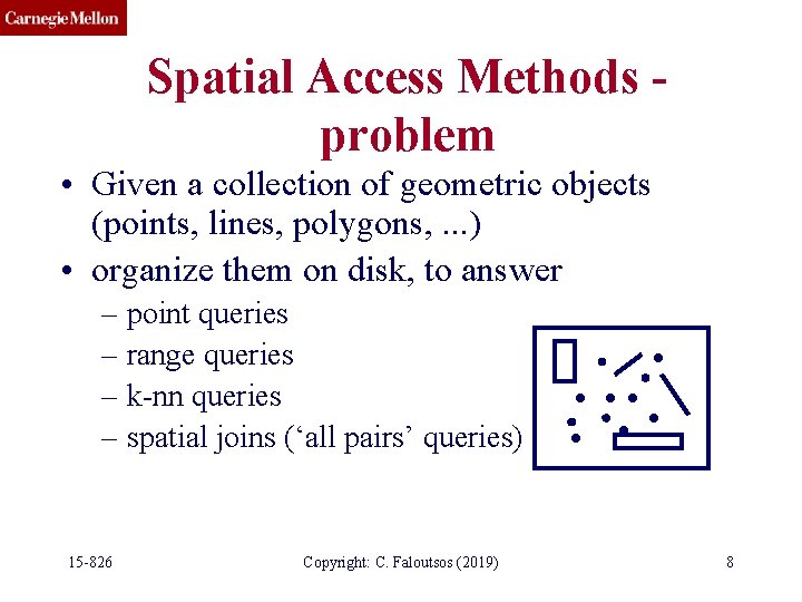 Spatial Access Methods problem • Given a collection of geometric objects (points, lines, polygons,