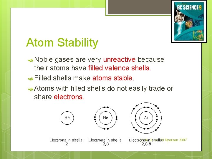 Atom Stability Noble gases are very unreactive because their atoms have filled valence shells.