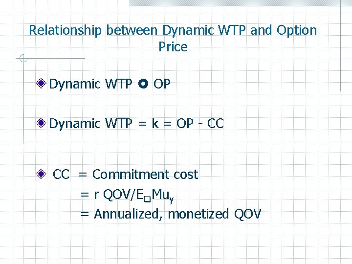 Relationship between Dynamic WTP and Option Price Dynamic WTP OP Dynamic WTP = k