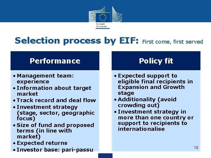 Selection process by EIF: Performance • Management team: experience • Information about target market