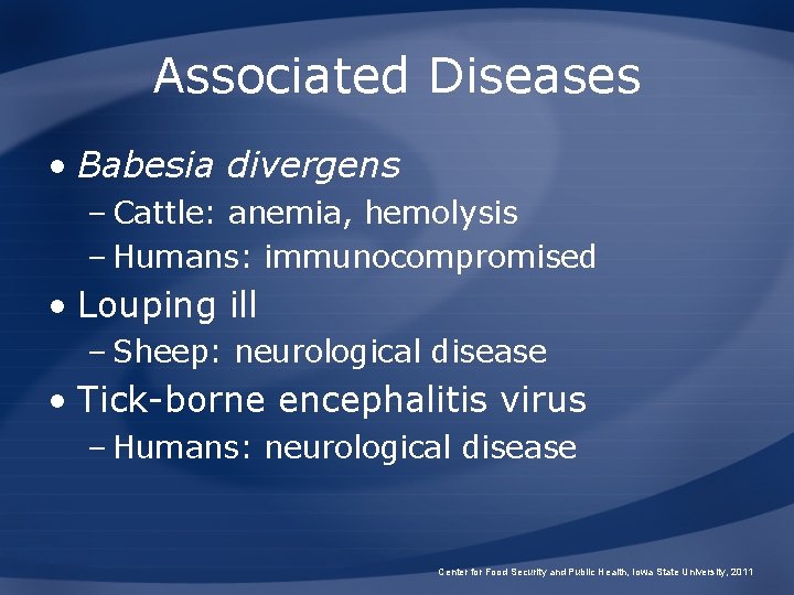 Associated Diseases • Babesia divergens – Cattle: anemia, hemolysis – Humans: immunocompromised • Louping