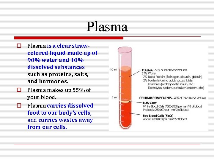 Plasma o Plasma is a clear strawcolored liquid made up of 90% water and