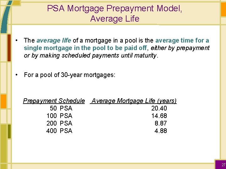 PSA Mortgage Prepayment Model, Average Life • The average life of a mortgage in