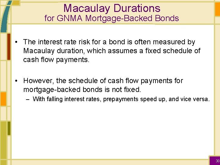 Macaulay Durations for GNMA Mortgage-Backed Bonds • The interest rate risk for a bond