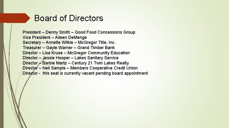 Board of Directors President – Denny Smith – Good Food Concessions Group Vice President