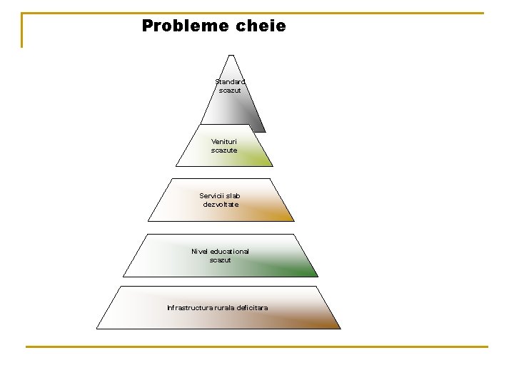 Probleme cheie Standard scazut Venituri scazute Servicii slab dezvoltate Nivel educational scazut Infrastructura rurala