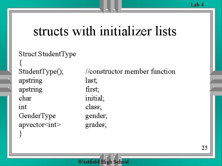 Lab 4 structs with initializer lists Struct Student. Type { Student. Type(); apstring char Lab 4 structs with initializer lists Struct Student. Type { Student. Type(); apstring char