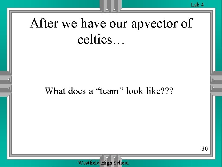 Lab 4 After we have our apvector of celtics… What does a “team” look Lab 4 After we have our apvector of celtics… What does a “team” look