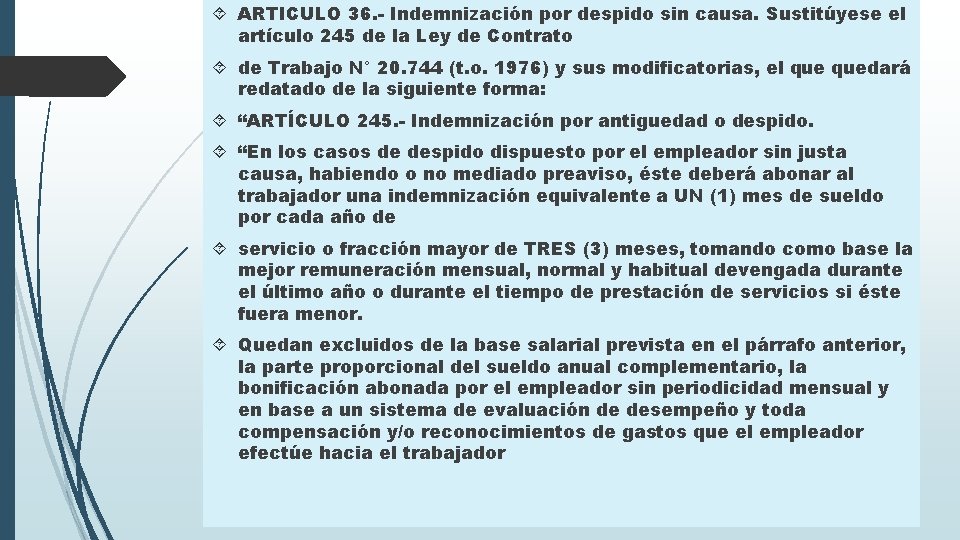  ARTICULO 36. - Indemnización por despido sin causa. Sustitúyese el artículo 245 de