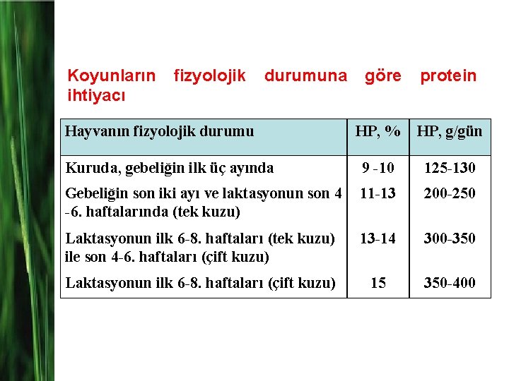 Koyunların ihtiyacı fizyolojik durumuna Hayvanın fizyolojik durumu göre protein HP, % HP, g/gün Kuruda,