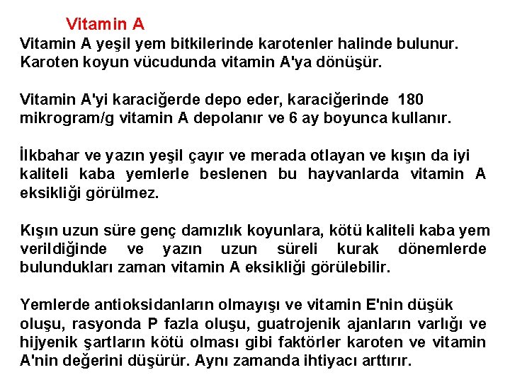 Vitamin A yeşil yem bitkilerinde karotenler halinde bulunur. Karoten koyun vücudunda vitamin A'ya dönüşür.