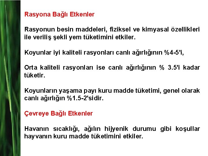 Rasyona Bağlı Etkenler Rasyonun besin maddeleri, fiziksel ve kimyasal özellikleri ile veriliş şekli yem