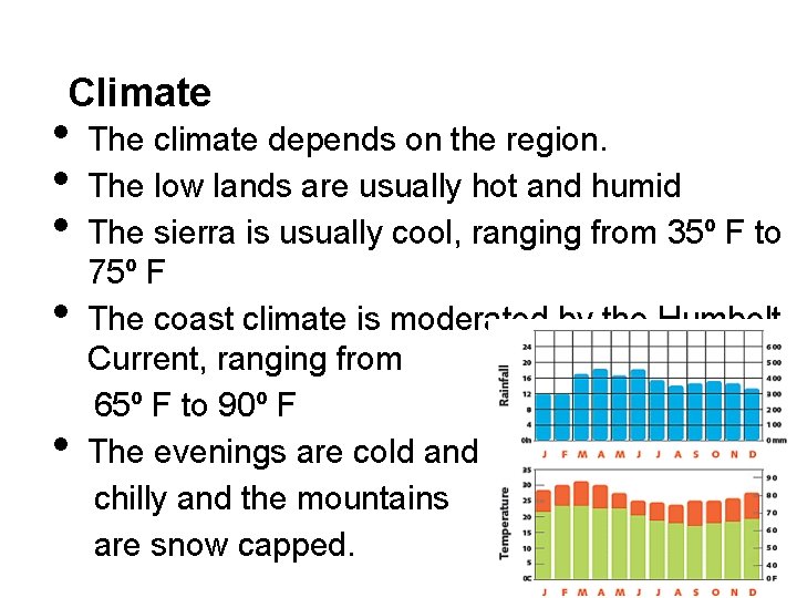 Climate • • • The climate depends on the region. The low lands are