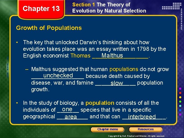Chapter 13 Section 1 Theory of Evolution by Natural Selection Growth of Populations •