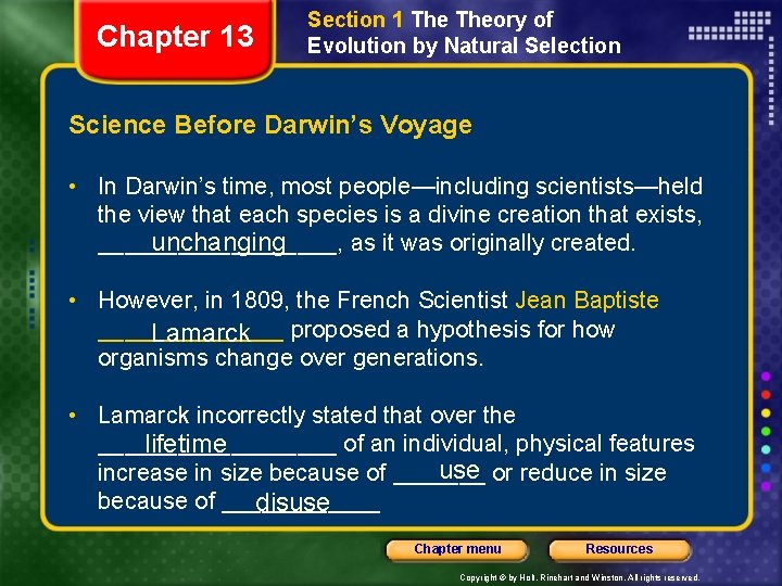 Chapter 13 Section 1 Theory of Evolution by Natural Selection Science Before Darwin’s Voyage