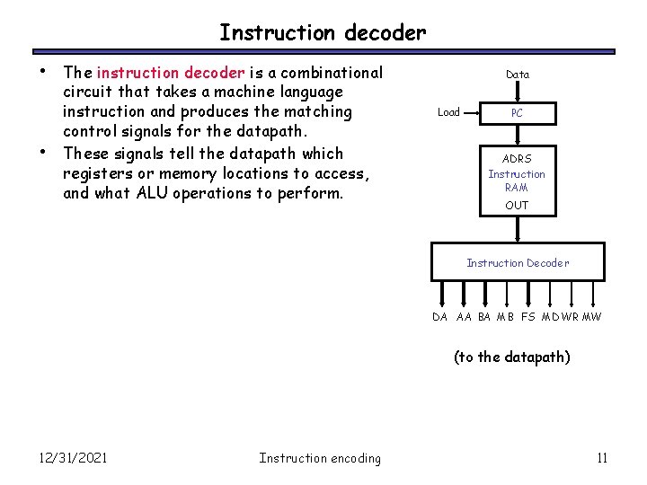 Instruction decoder • • The instruction decoder is a combinational circuit that takes a