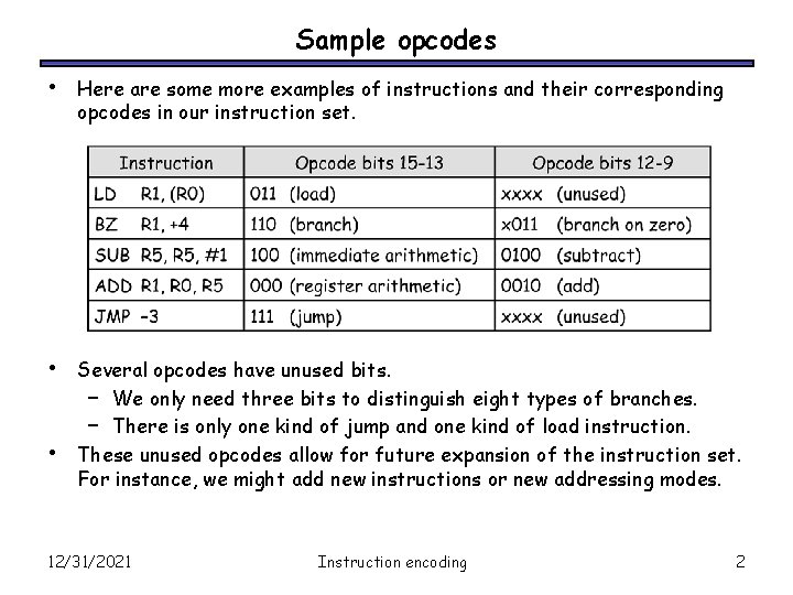 Sample opcodes • Here are some more examples of instructions and their corresponding opcodes